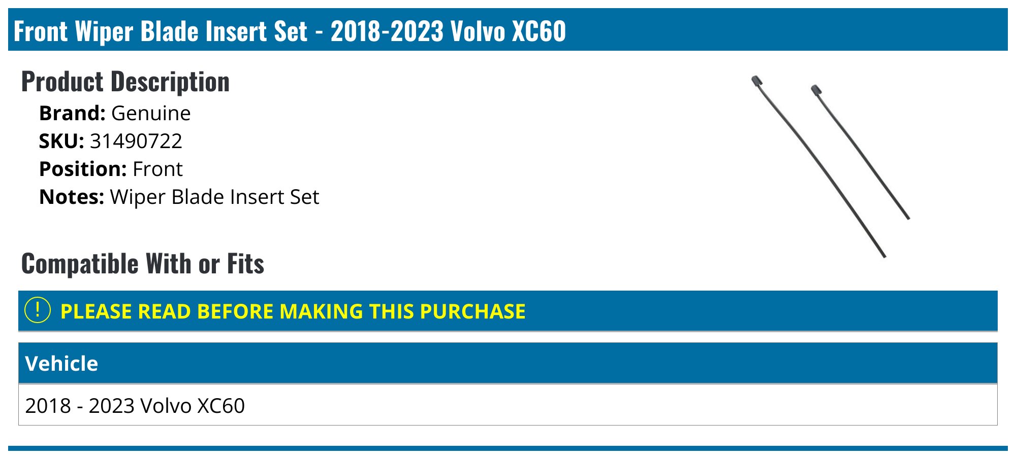 Front Wiper Blade Insert Set - 2018-2025 Volvo XC60 - Genuine 144087-08063182