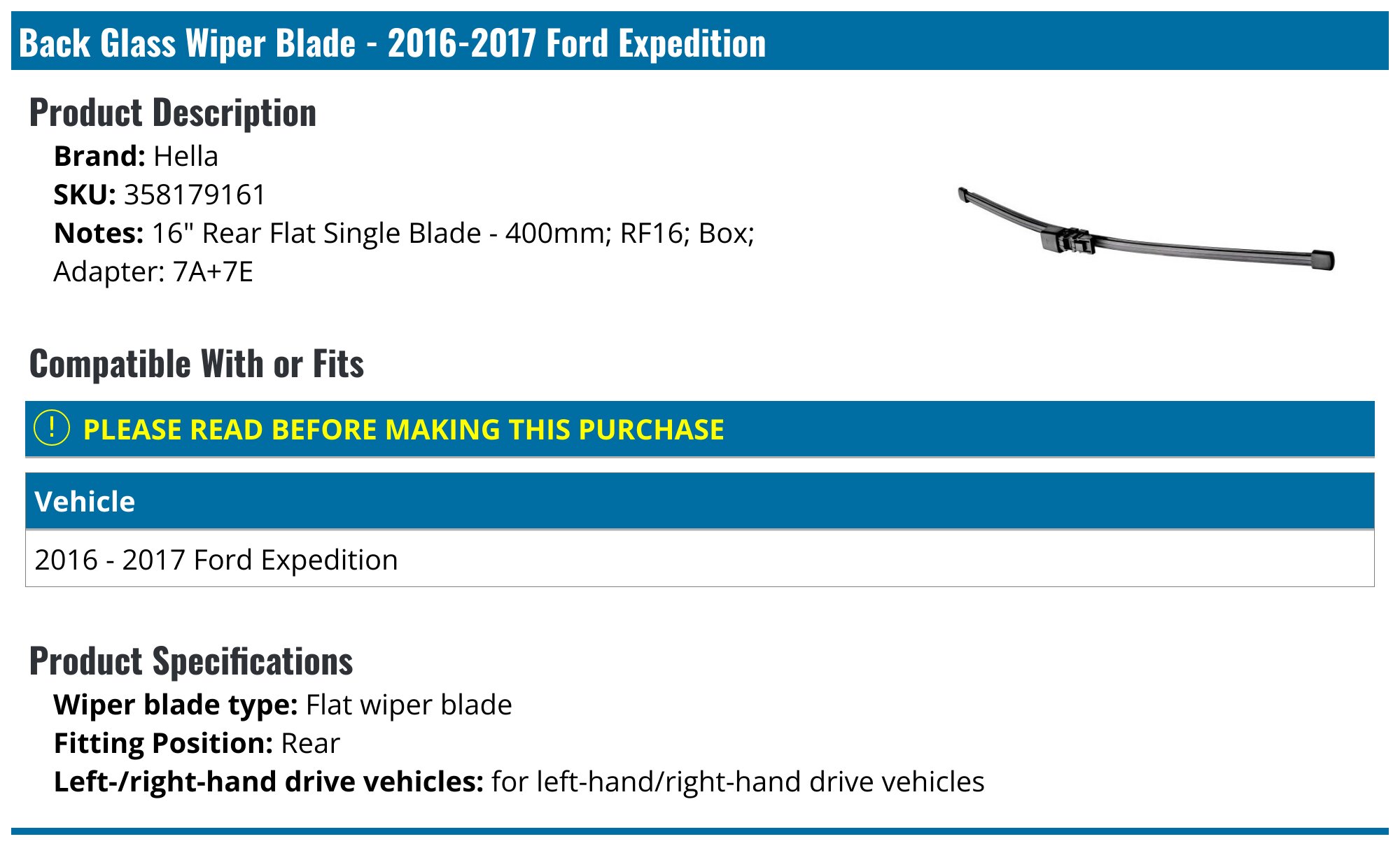 Back Glass Wiper Blade - 16-Inch - 2016-2017 Ford Expedition - Hella 134797-06519380
